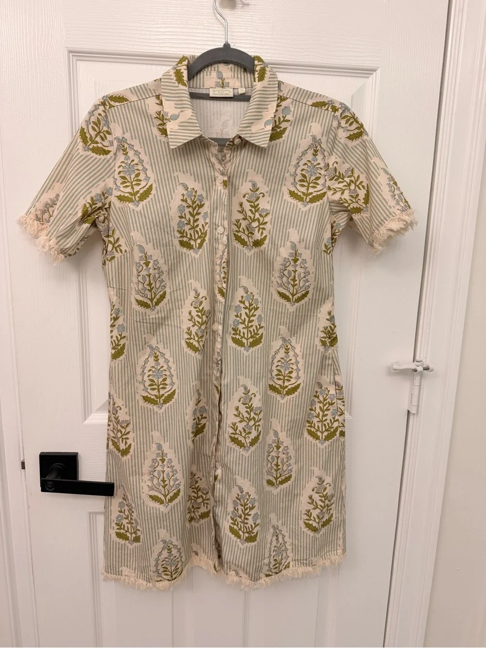 Spartina 449 Cream and Olive Green Floral Button-Front Shirt Dress